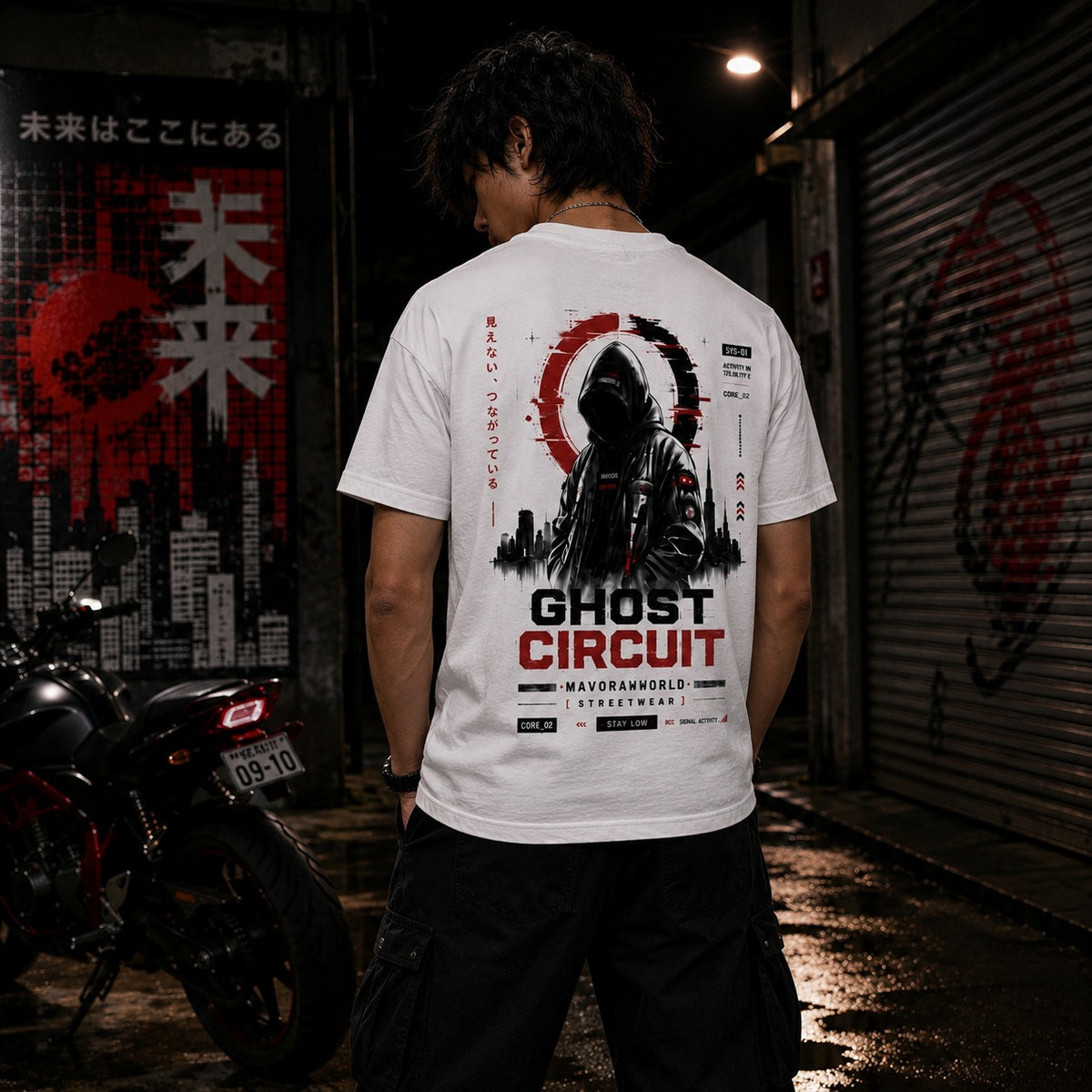 A man stands with his back to the camera in a dark alley, wearing a white graphic T-shirt with a large black and red 'GHOST CIRCUIT' print on the back, paired with black cargo pants. A motorcycle is visible on the left, and graffiti-covered metal shutters line the background.
