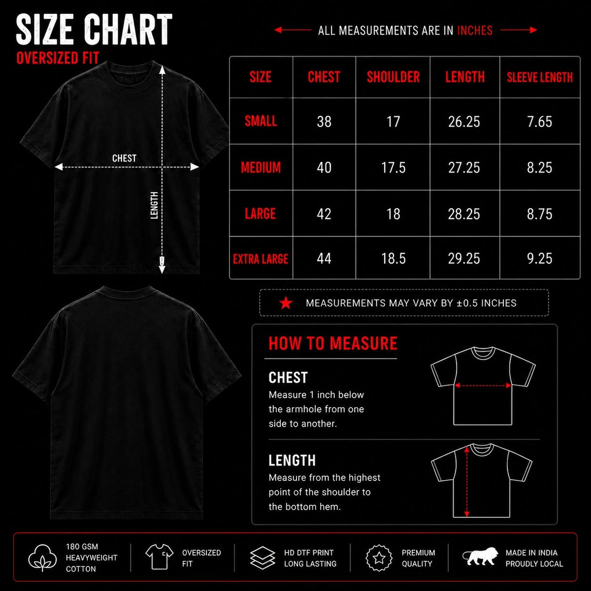 Size chart and measurement guide for an oversized fit black short-sleeve t-shirt, showing front and back views with measurement arrows, a size table from small to extra large, and measurement instructions on a dark background.