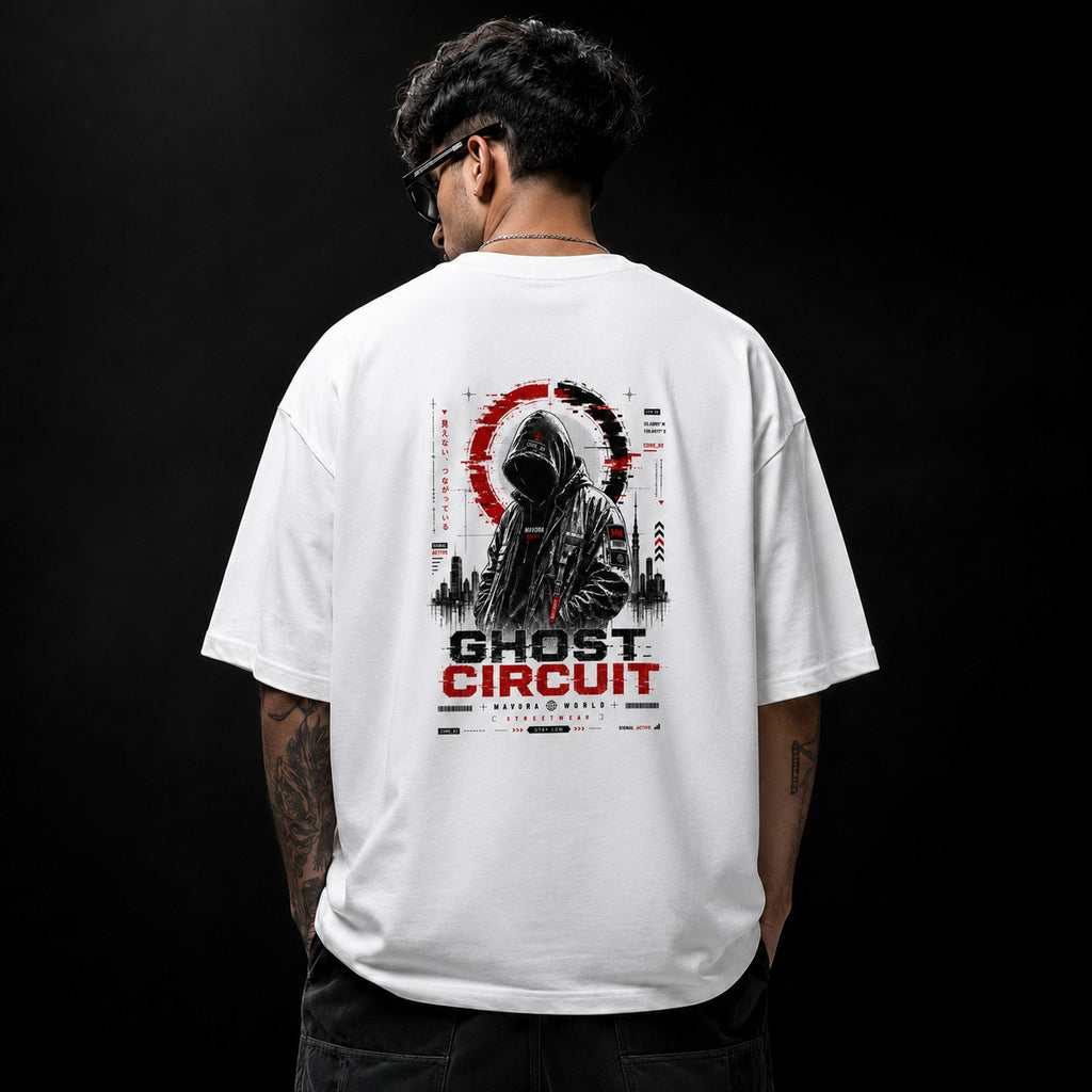 Person wearing a white t-shirt with 'Ghost Circuit' design on the back against a black background