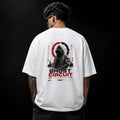 Person wearing a white t-shirt with 'Ghost Circuit' design on the back against a black background