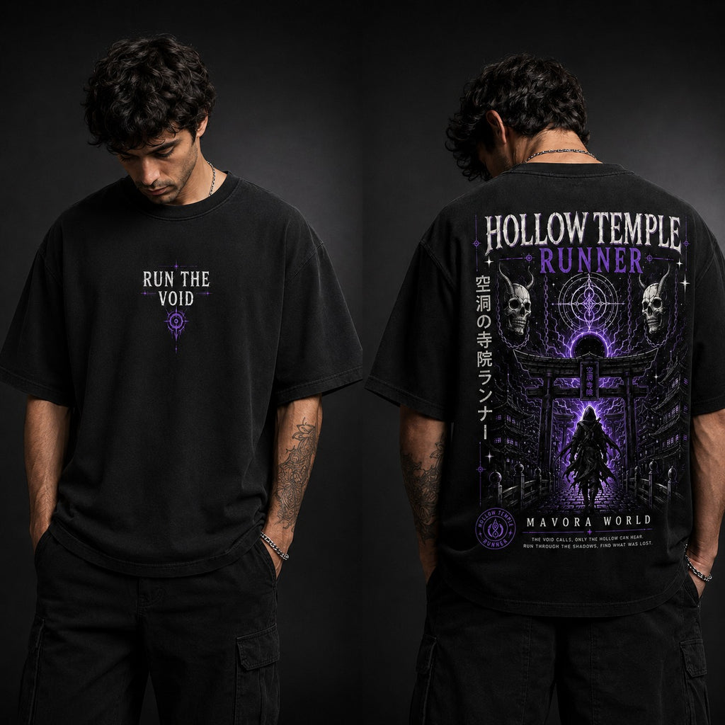 Person wearing a black t-shirt with 'Run the Void' design on the front and 'Hollow Temple Runner' design on the back.