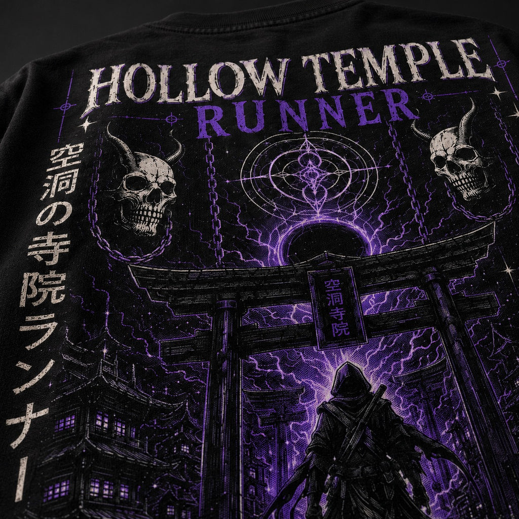 Black t-shirt with 'Hollow Temple Runner' design featuring a hooded figure and purple accents.
