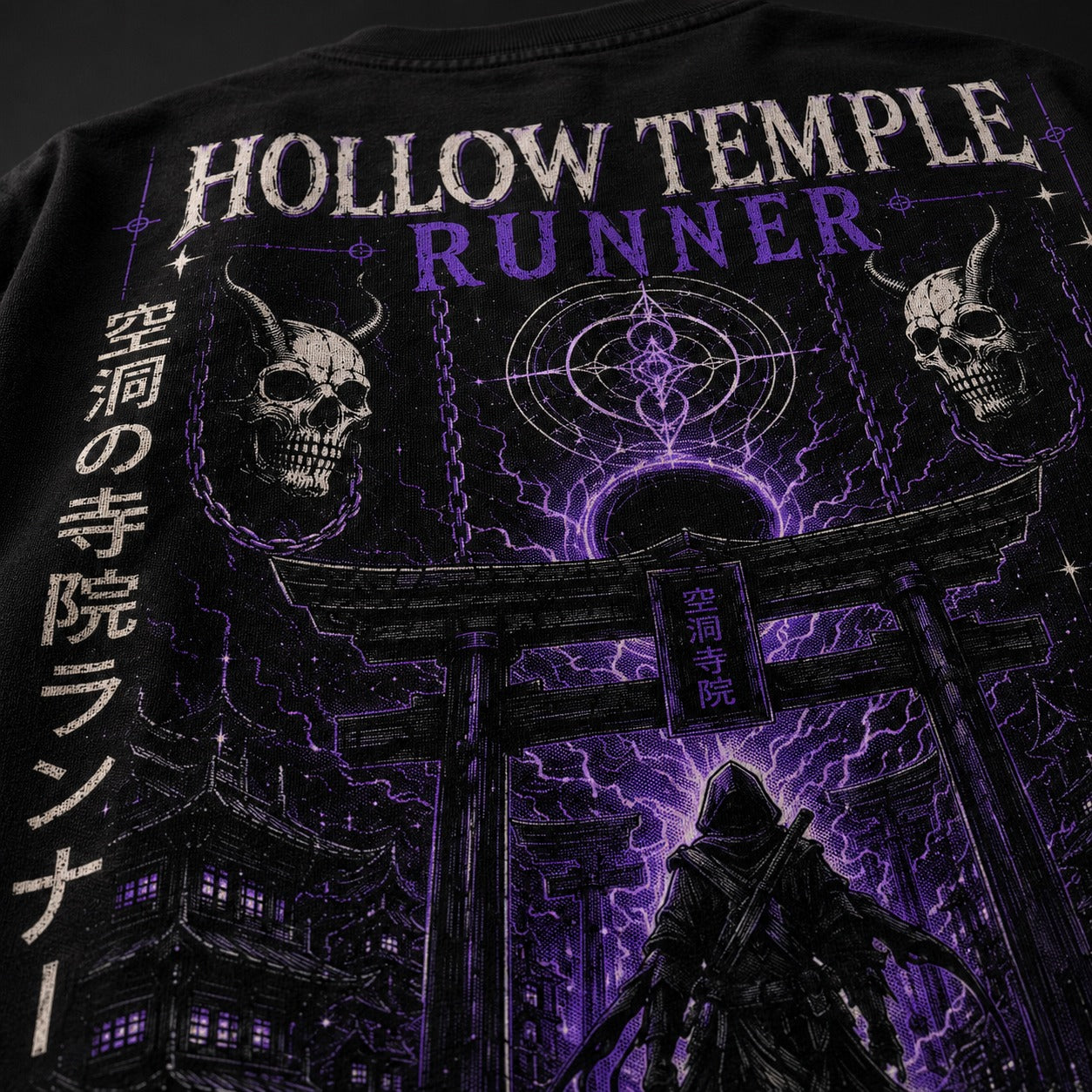 Black t-shirt with 'Hollow Temple Runner' design featuring a hooded figure and purple accents.