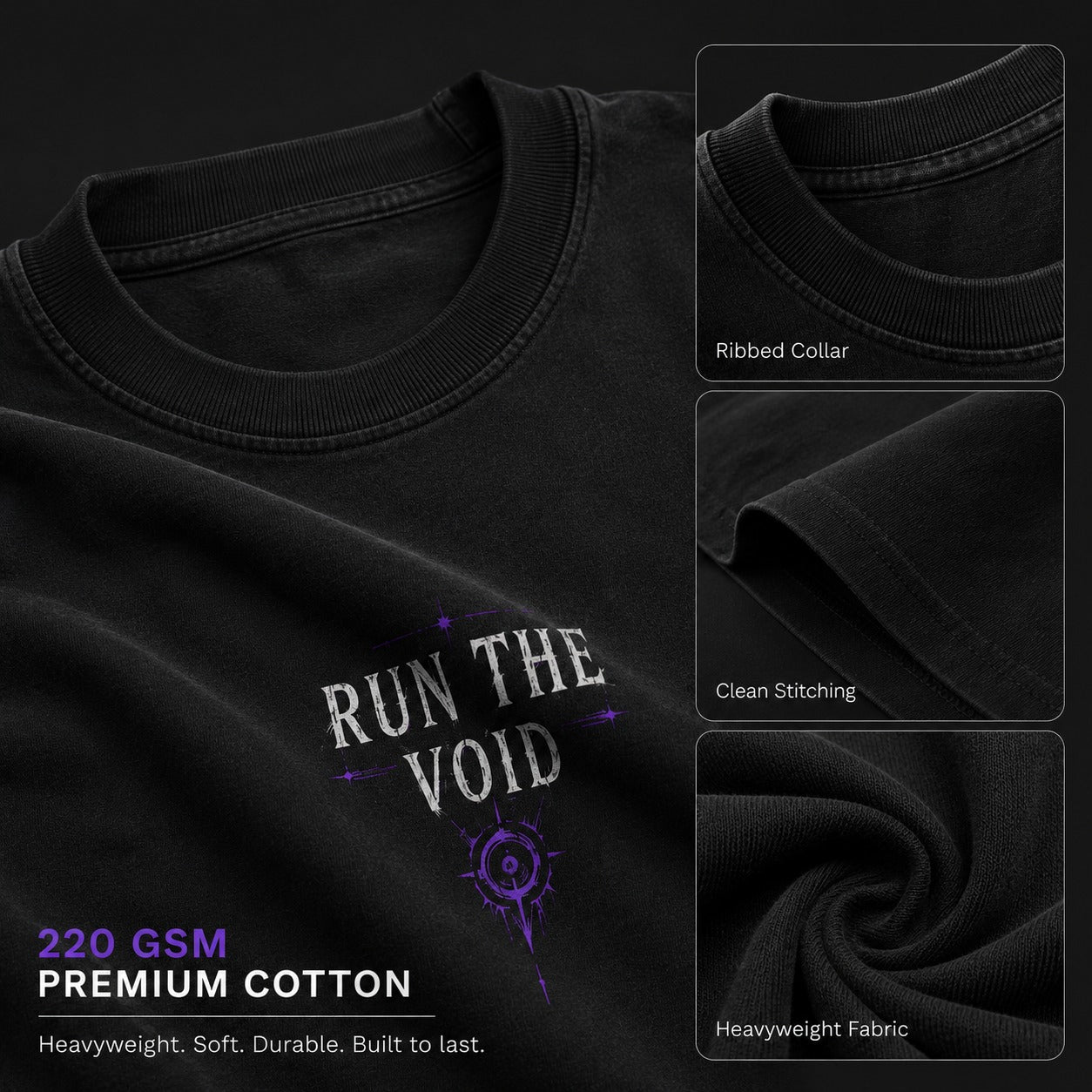 Black t-shirt with 'Run The Void' design and fabric details on a dark background