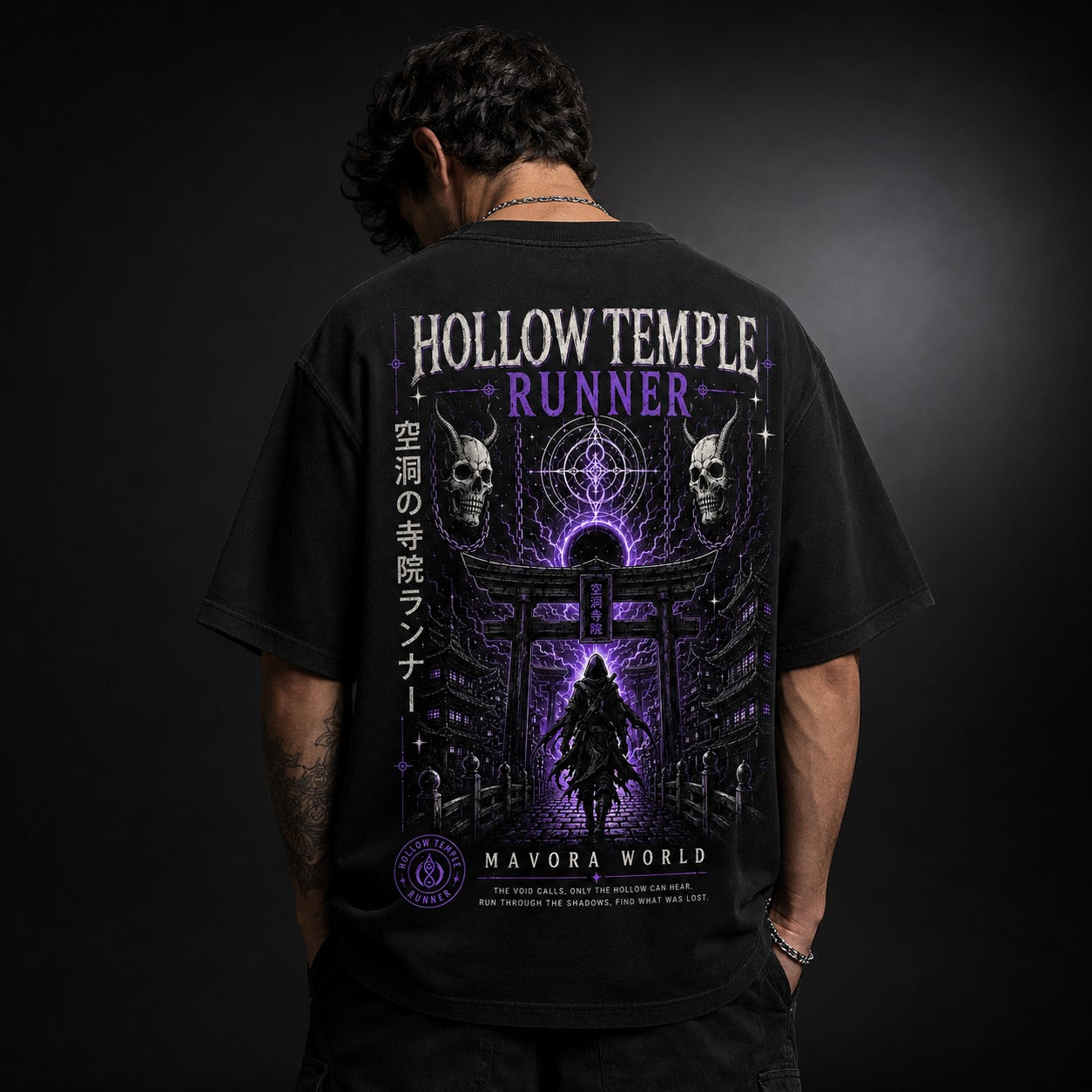 Person wearing a black t-shirt with 'Hollow Temple Runner' design on the back against a dark background