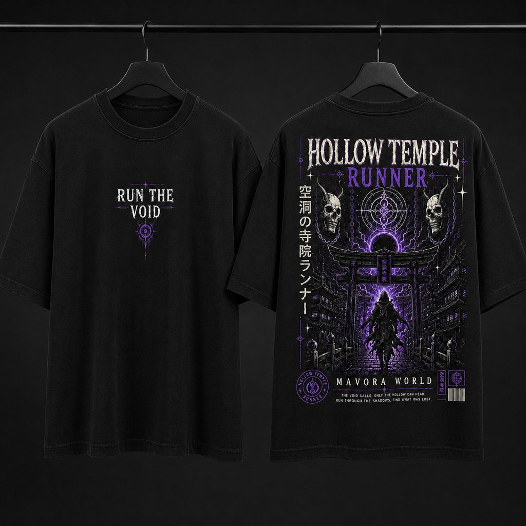 Black t-shirt with 'Hollow Temple Runner' design on a dark background