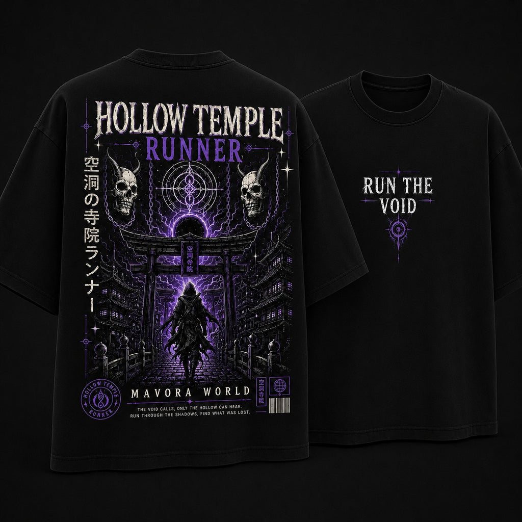 Black t-shirt with 'Hollow Temple Runner' design on a dark background