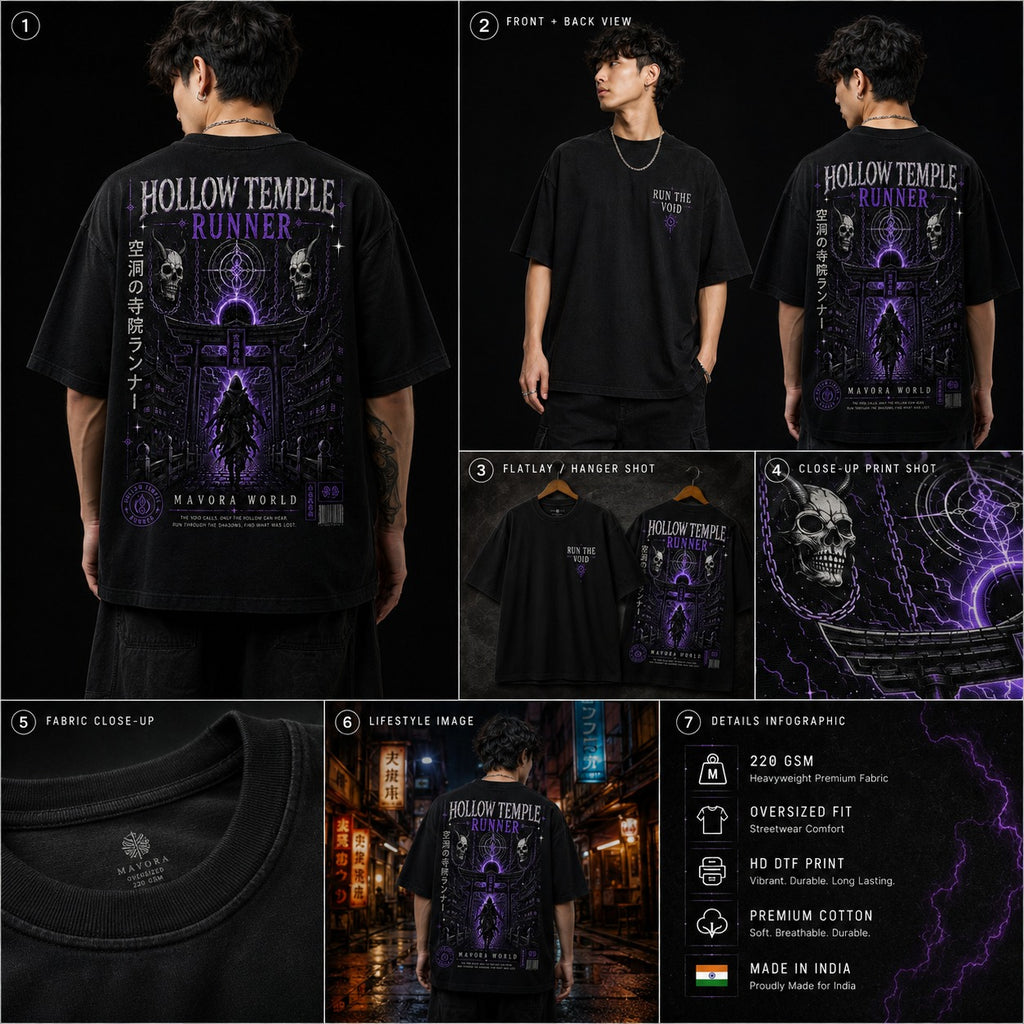 Black t-shirt with purple graphic design featuring 'Hollow Temple Runner' text and imagery.