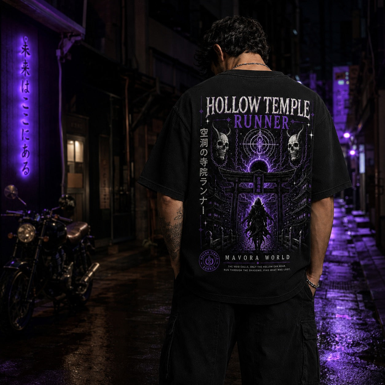 Person wearing a black t-shirt with 'Hollow Temple Runner' design in an alleyway with purple lighting.