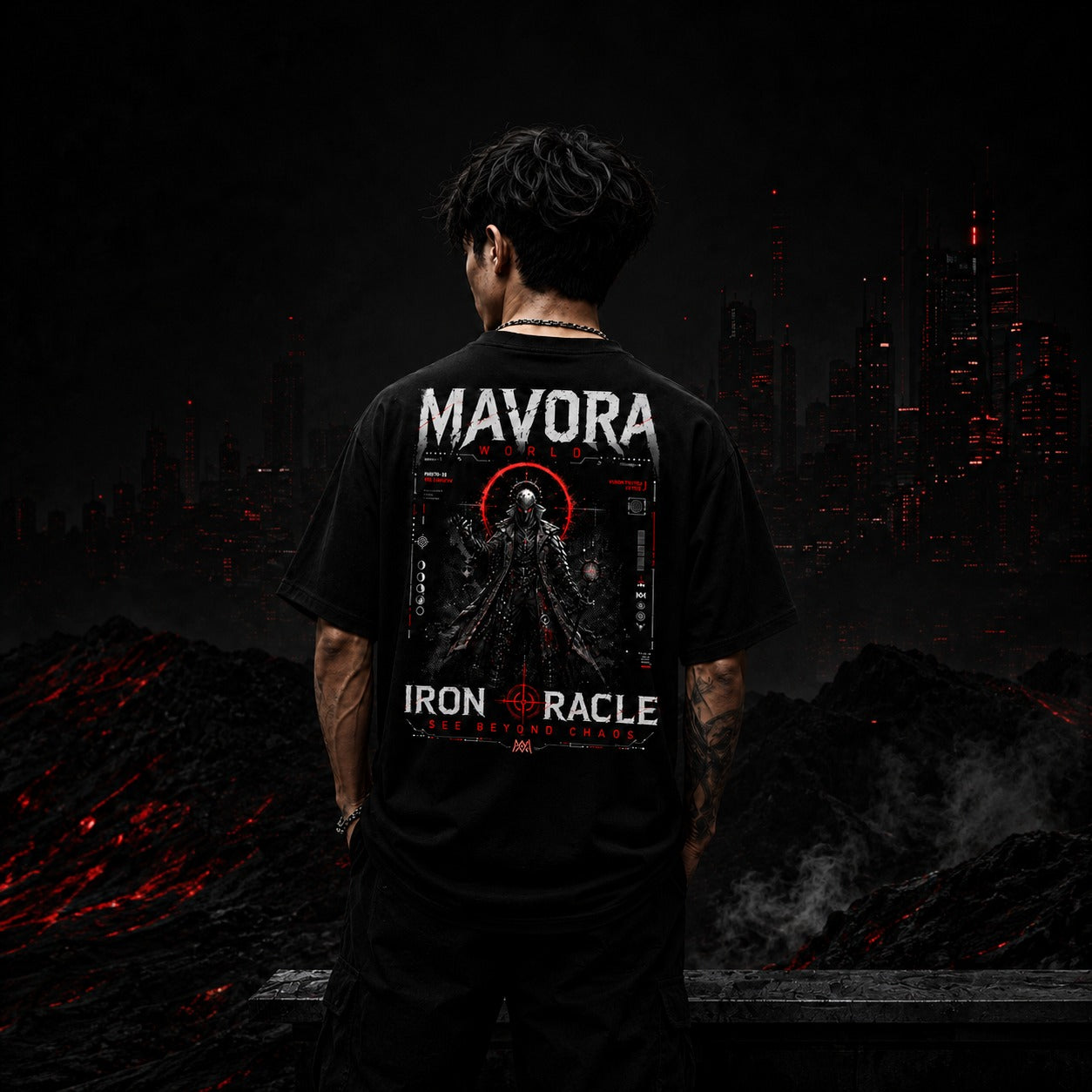 Person wearing a black t-shirt with 'Mavora' and 'Iron Oracle' design, standing in a dark, apocalyptic landscape.