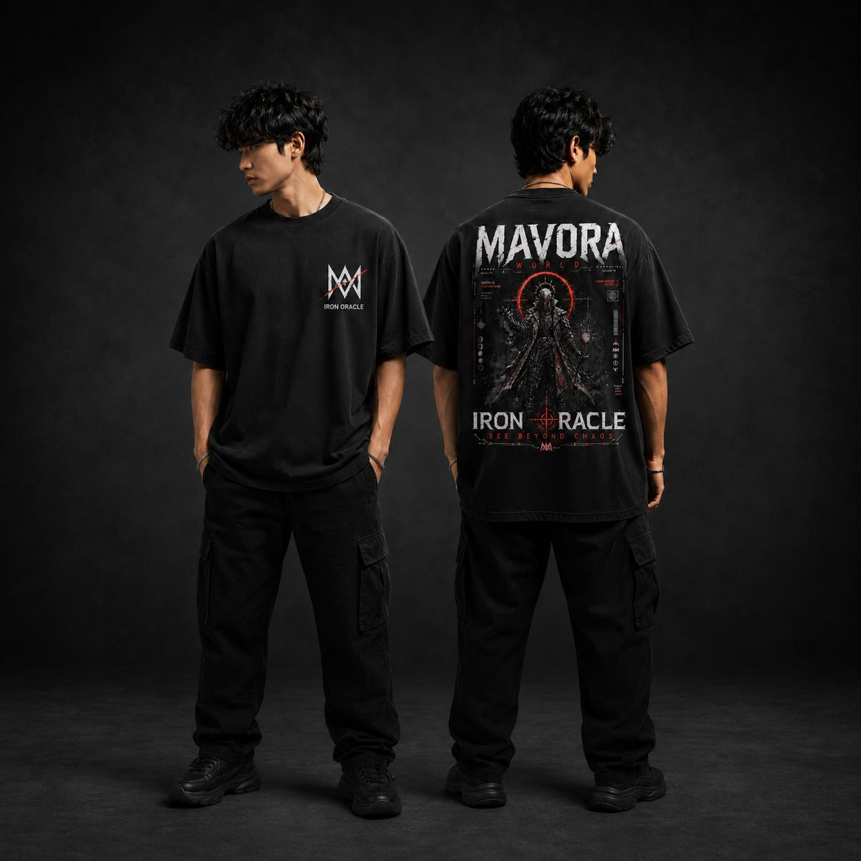 Person wearing a black t-shirt with 'MAVORA' branding on a dark background