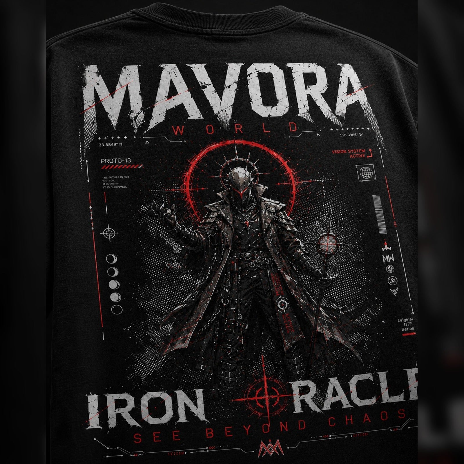 Black t-shirt with 'Mavora World' and 'Iron Racle' design on a dark background