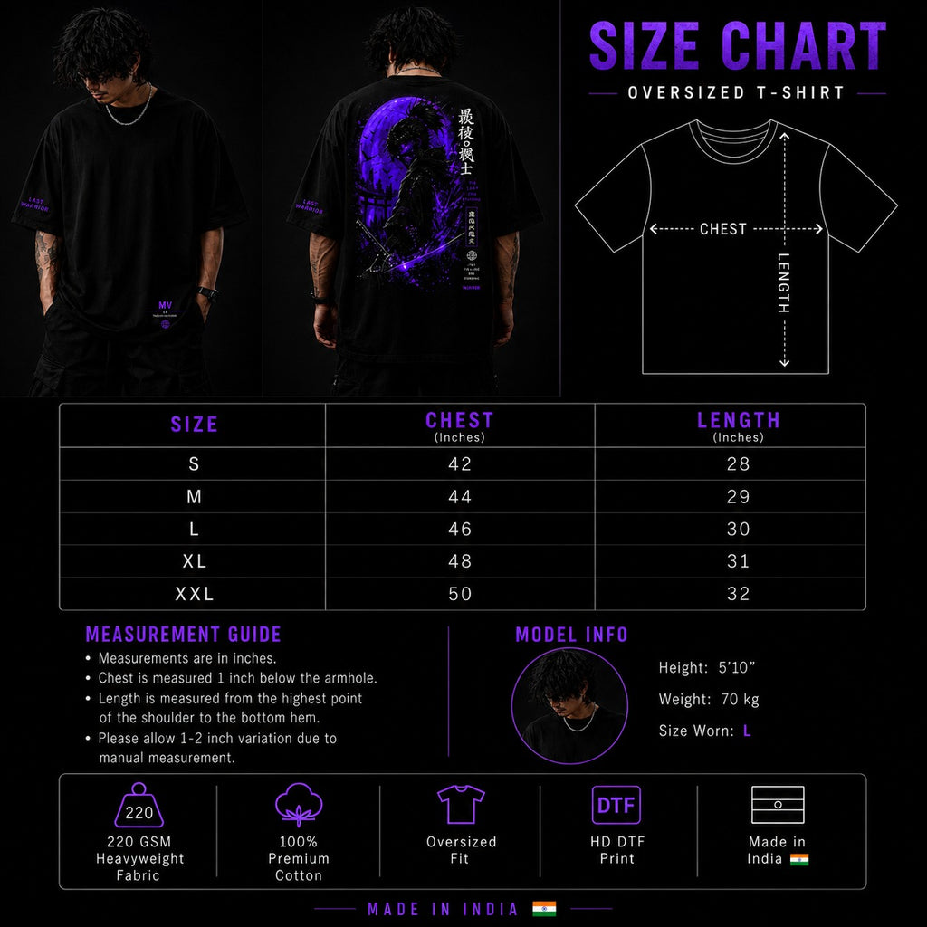 Size chart for oversized t-shirt with measurements and model information.
