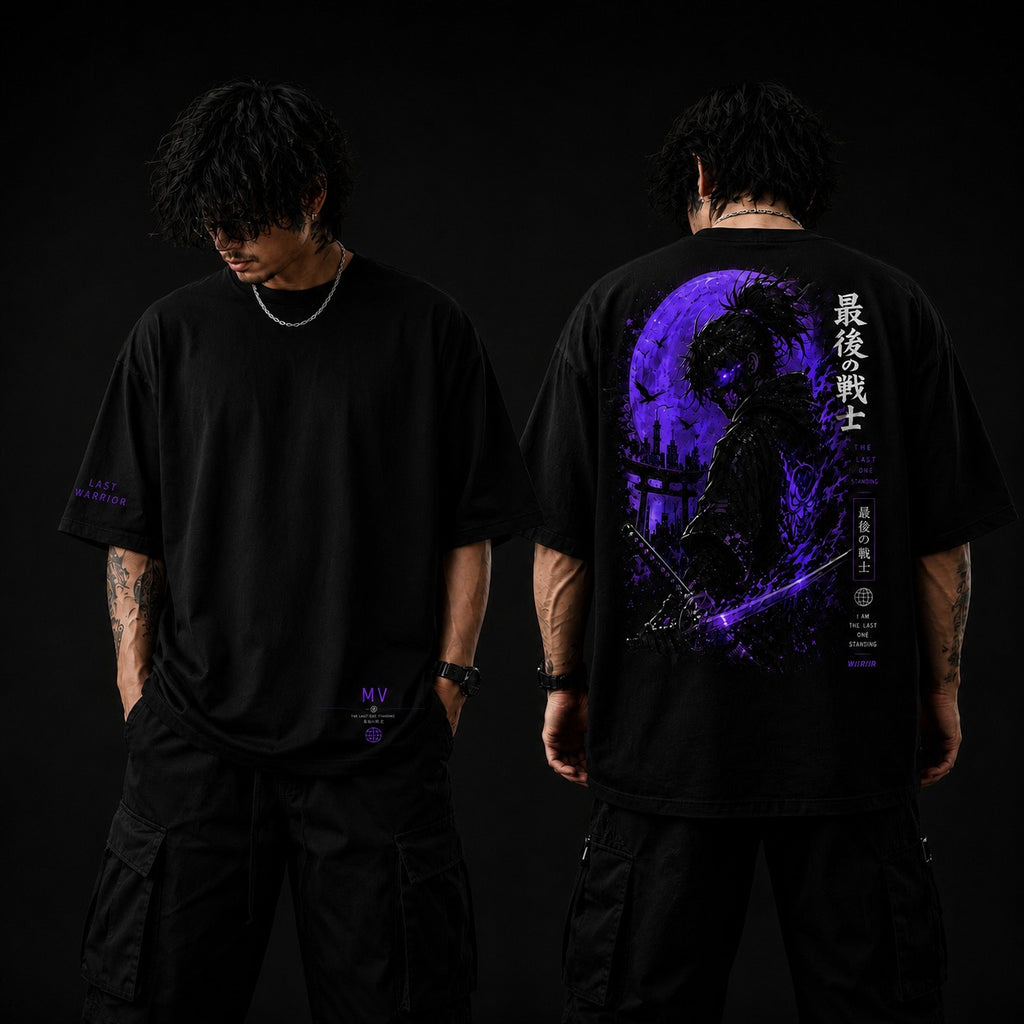 Person wearing a black t-shirt with a purple graphic design on the back, standing against a dark background.