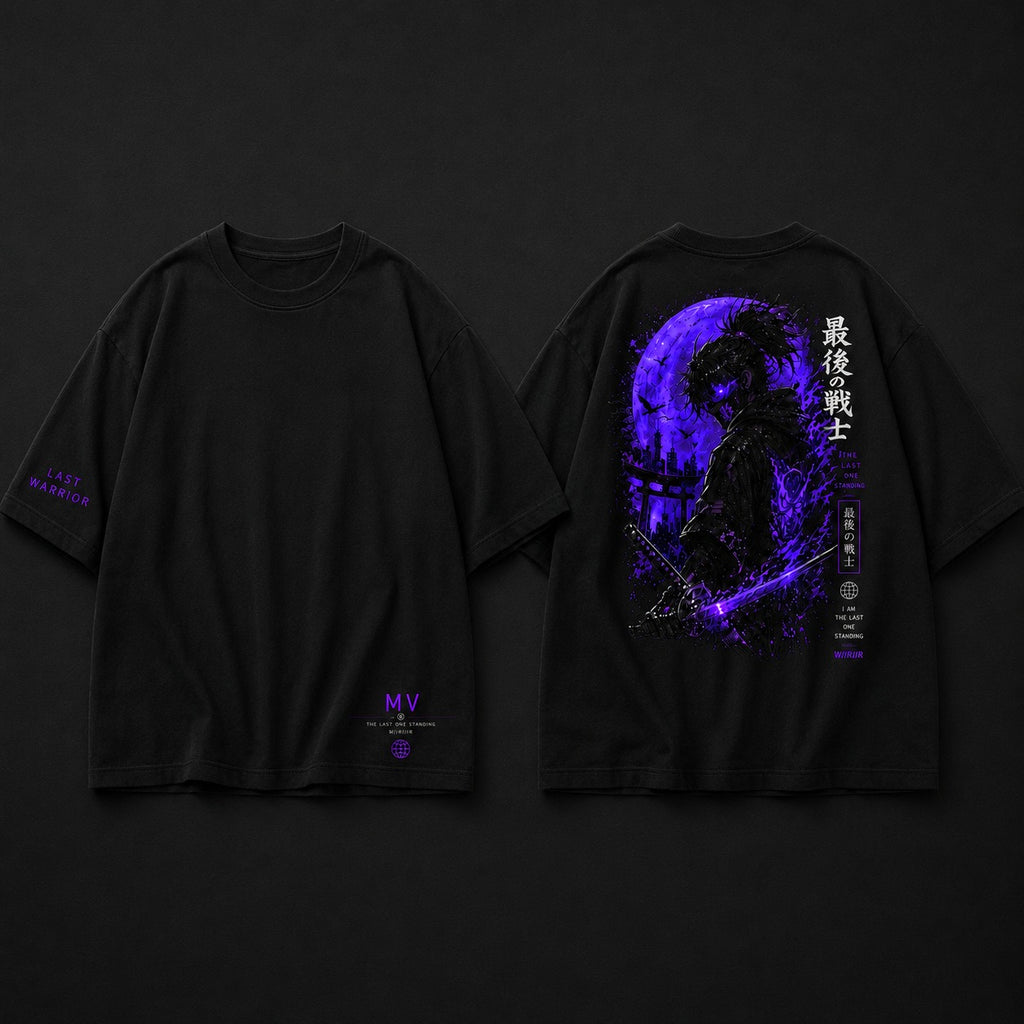 Black t-shirt with a purple graphic design on the back against a dark background