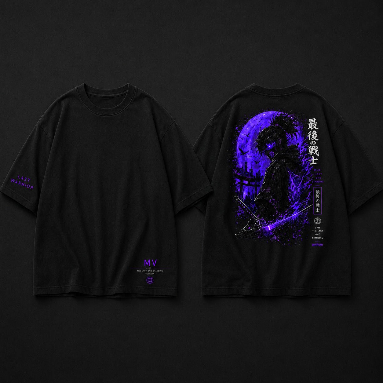 Black t-shirt with a purple graphic design on the back against a dark background