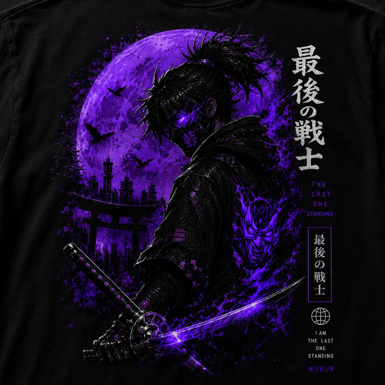 T-shirt with a dark-themed design featuring a silhouette of a warrior, a purple moon, and Japanese text.