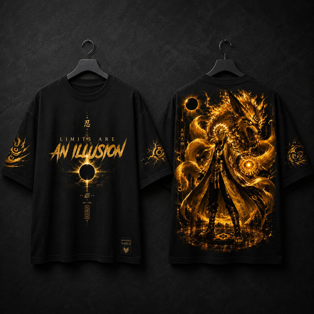 Front and back view of MAVORA Limits Are an Illusion black oversized graphic T-shirt