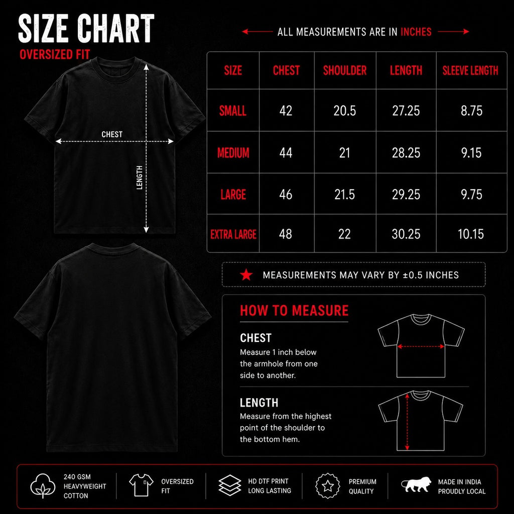 MAVORA Limits Are an Illusion oversized T-shirt size chart with chest and length measurements