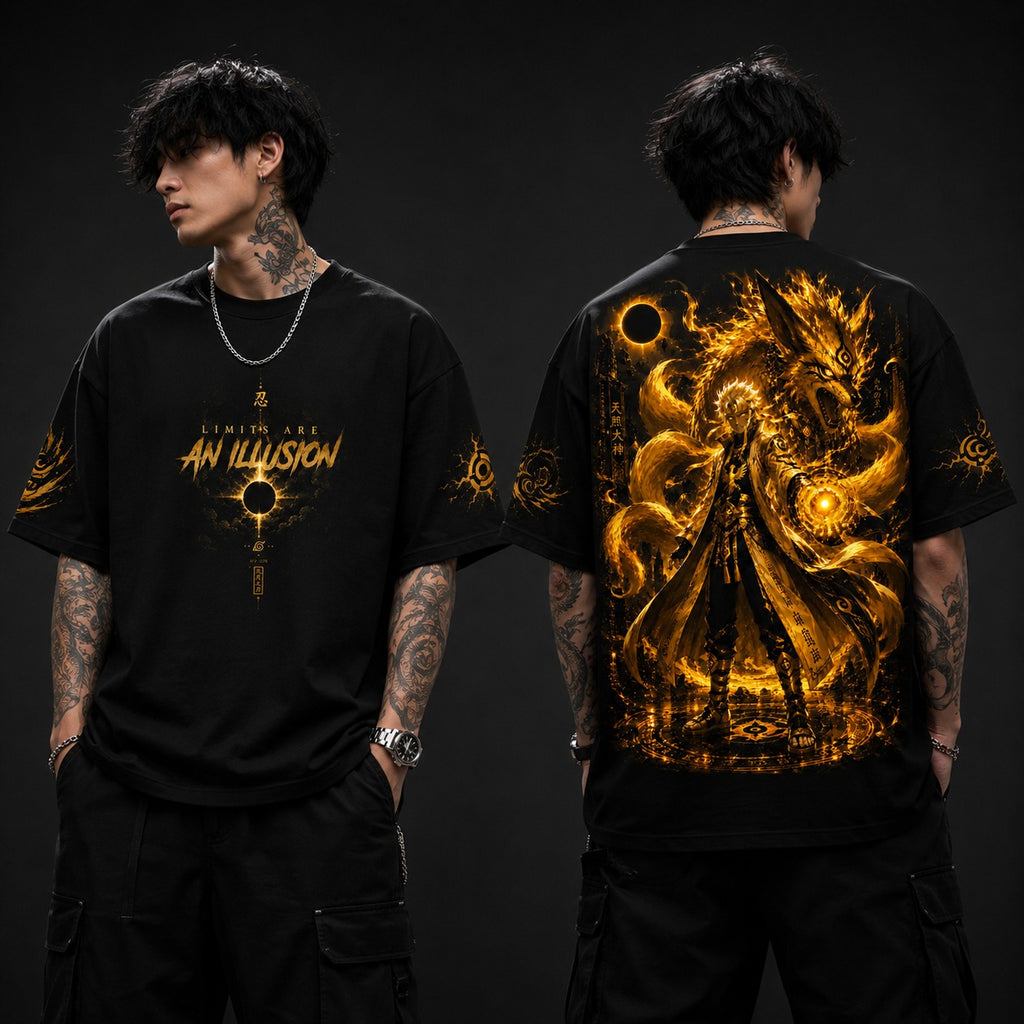 MAVORA Limits Are an Illusion oversized T-shirt with golden fox-spirit warrior back print