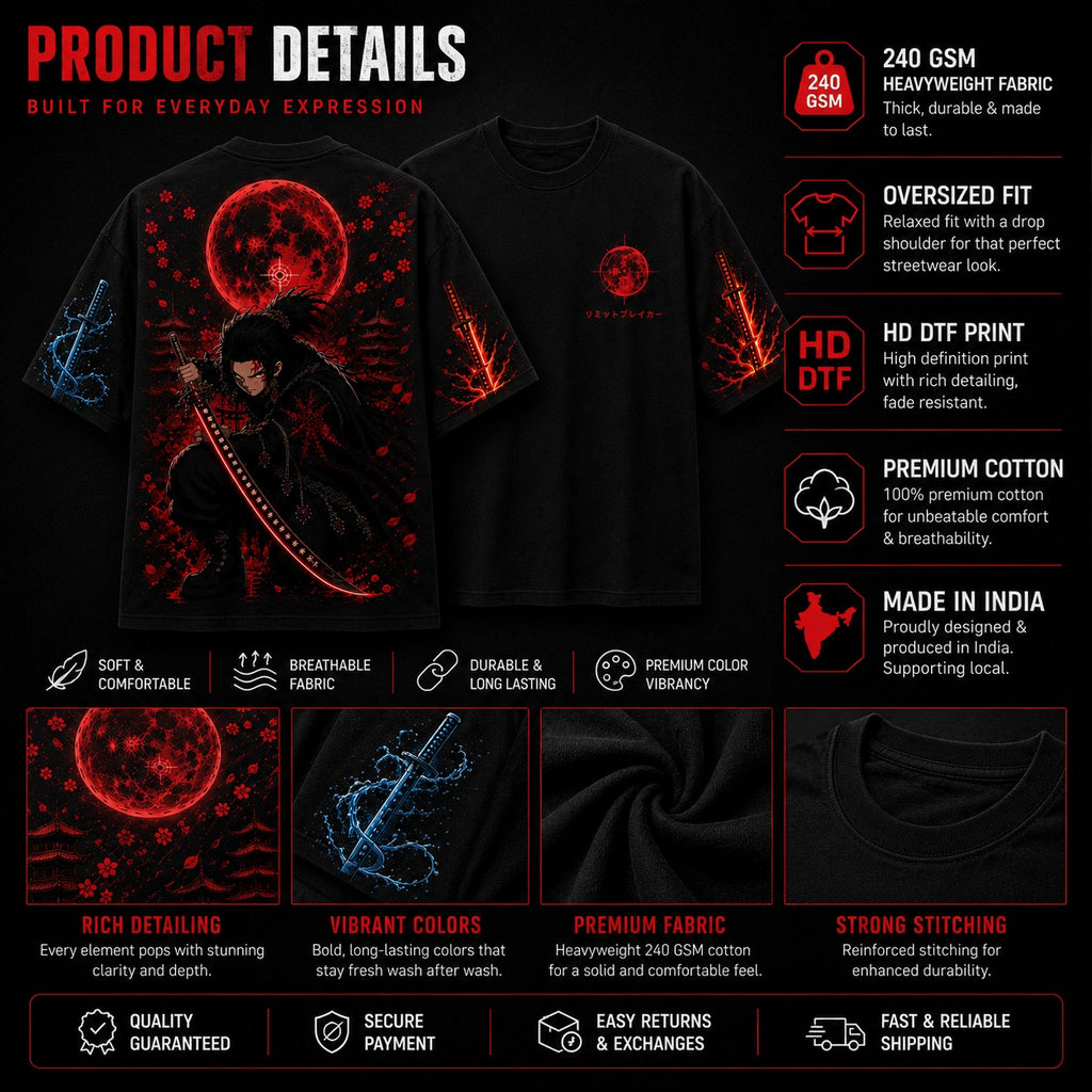 Model wearing MAVORA Moonfall Blade Tanjiro-inspired black oversized anime T-shirt