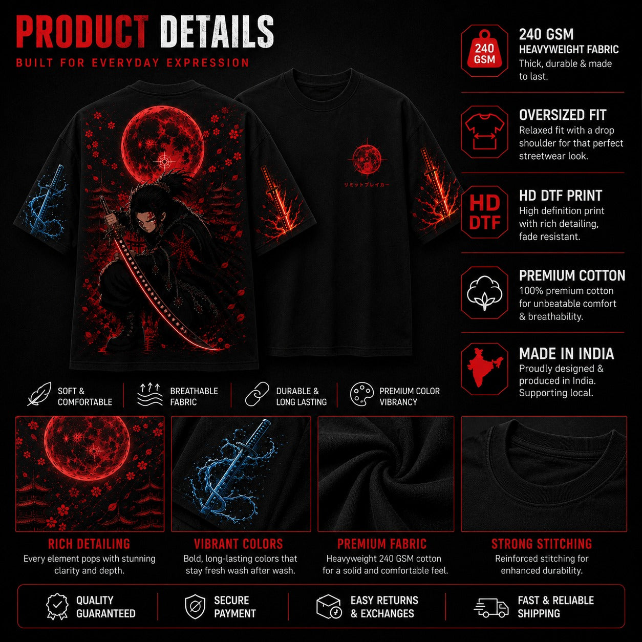 Model wearing MAVORA Moonfall Blade Tanjiro-inspired black oversized anime T-shirt