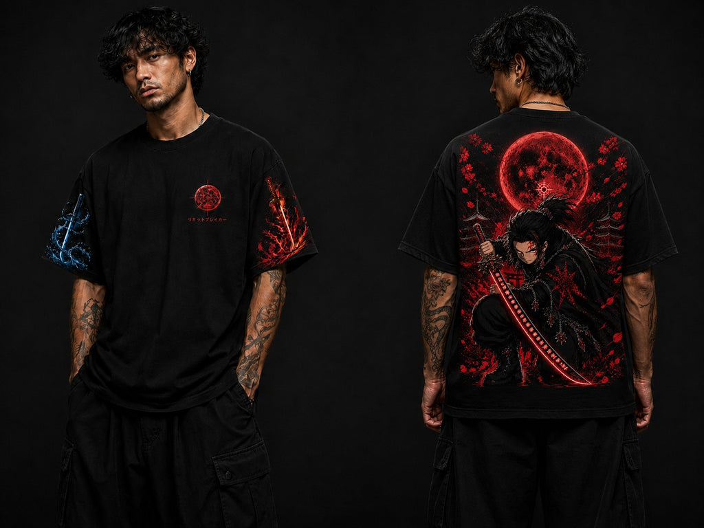 MAVORA Moonfall Blade Demon Slayer-inspired T-shirt with red moon swordsman back print
