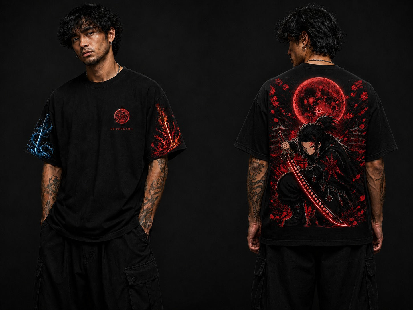 MAVORA Moonfall Blade Demon Slayer-inspired T-shirt with red moon swordsman back print