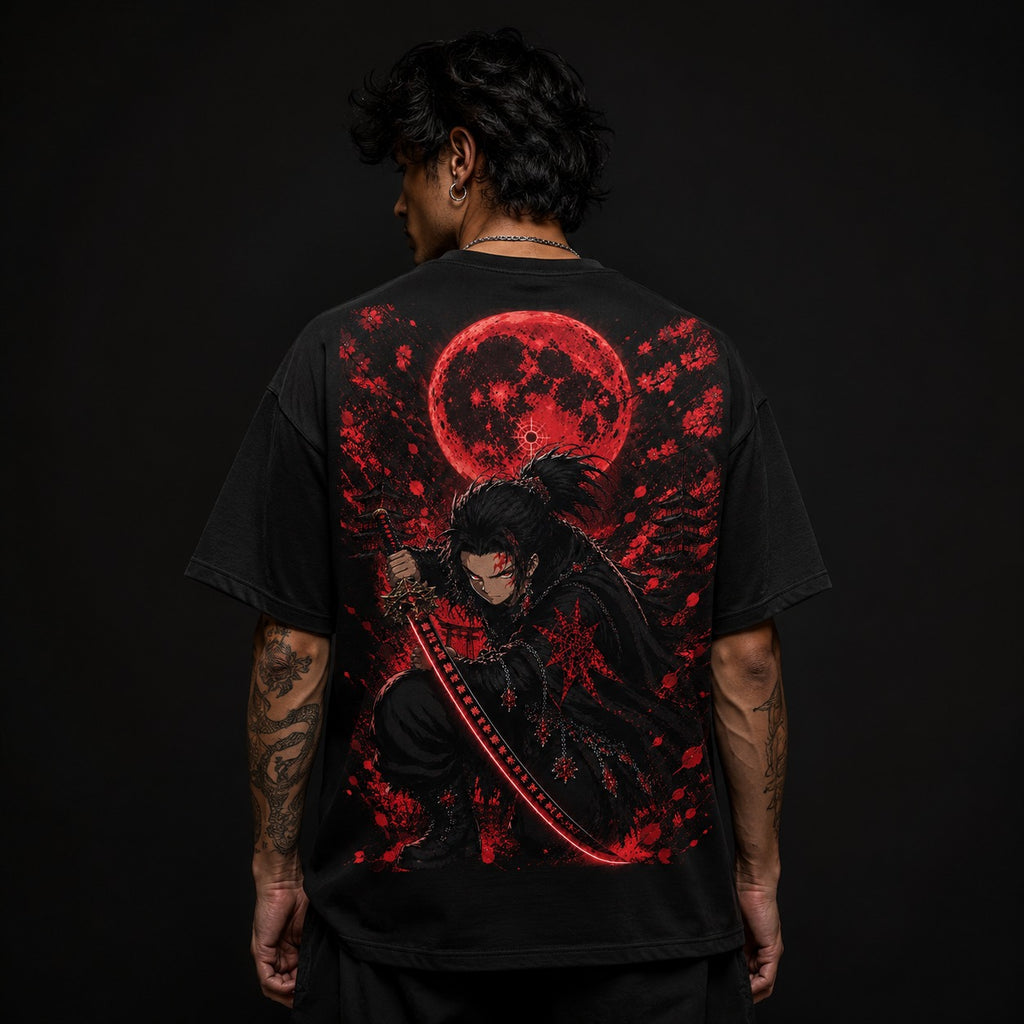 MAVORA Moonfall Blade Tanjiro-inspired black oversized anime T-shirt front view