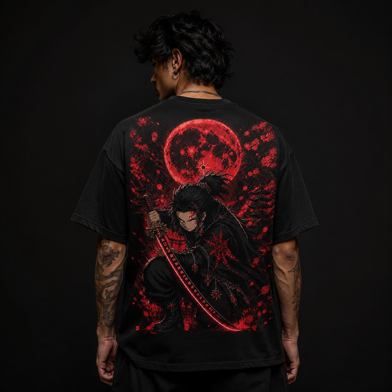 MAVORA Moonfall Blade Tanjiro-inspired black oversized anime T-shirt front view