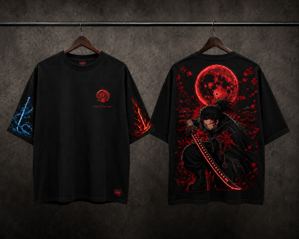 Front and back view of MAVORA Moonfall Blade black oversized anime graphic T-shirt