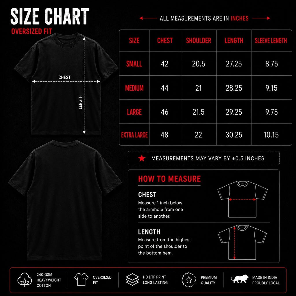 MAVORA Moonfall Blade oversized anime T-shirt size chart with chest and length measurements