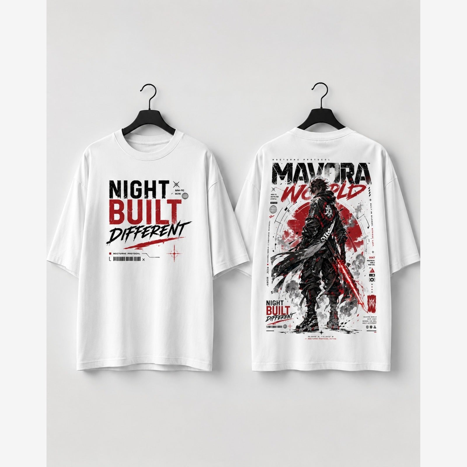 White t-shirt with 'Night Built Different' text on the front and graphic design on the back, hanging against a white background.