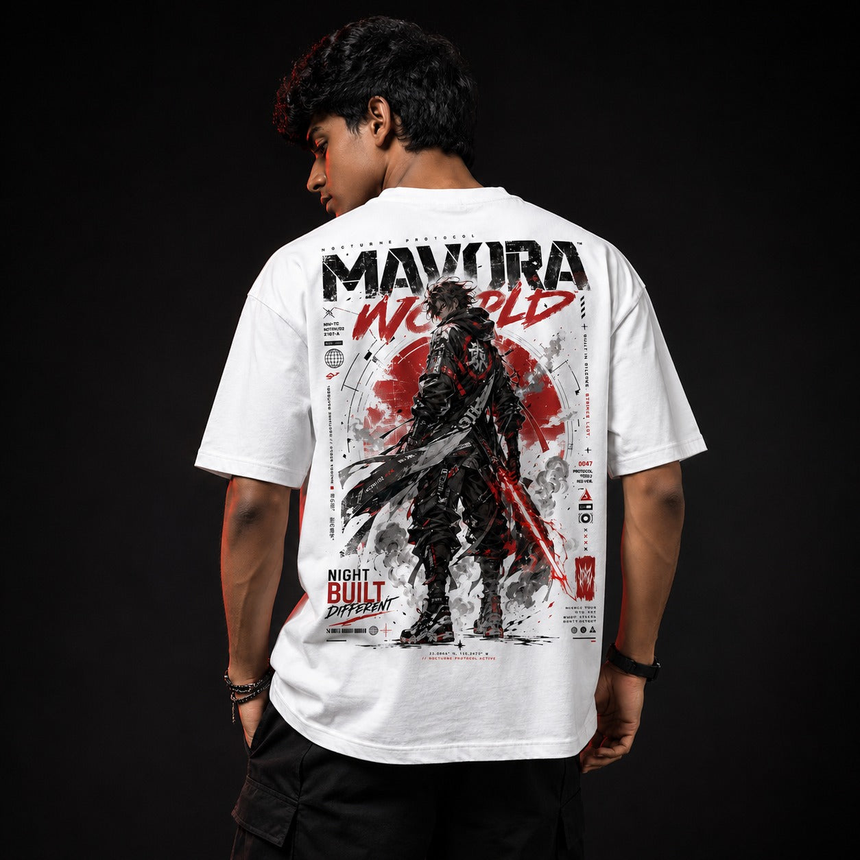 Person wearing a white t-shirt with a graphic design on the back, set against a black background