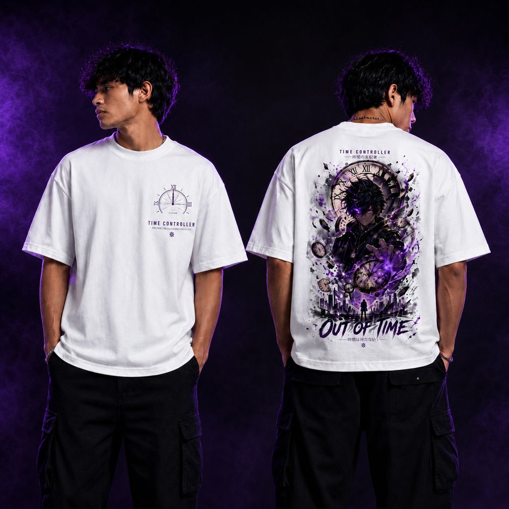Two people wearing white t-shirts with unique designs on a dark purple background