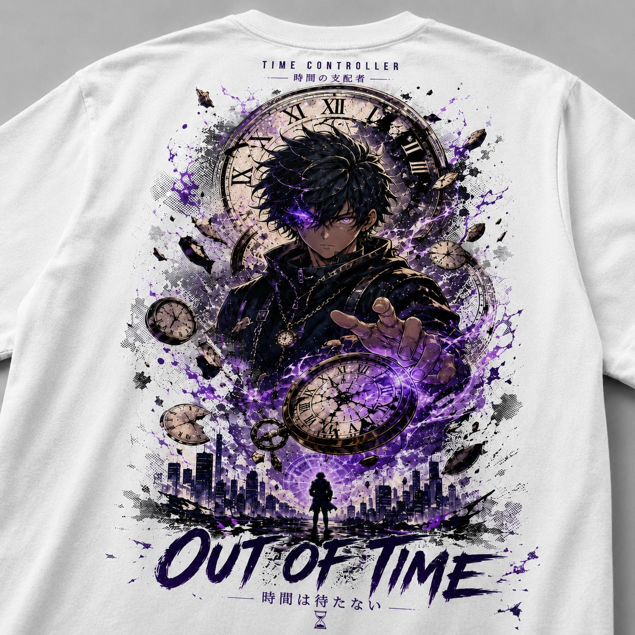 White t-shirt with a graphic design featuring a character and time-themed elements on a gray background.