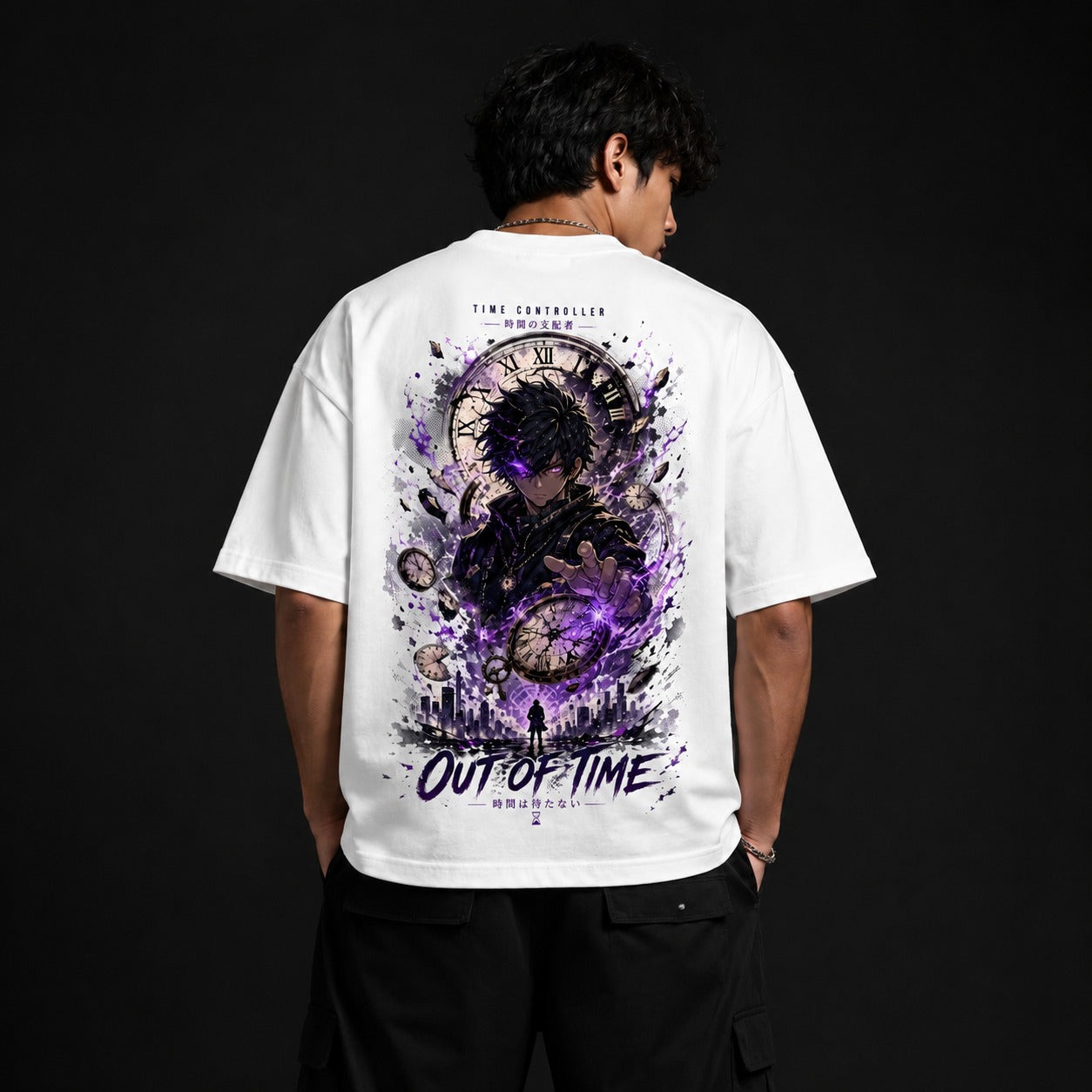 Person wearing a white t-shirt with a 'Out of Time' design on the back against a black background