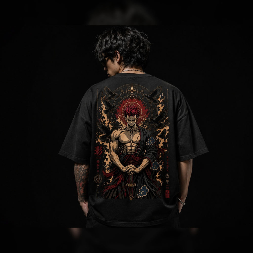 Person wearing a black t-shirt with a detailed graphic design on the back against a dark background