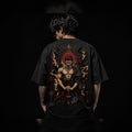 Person wearing a black t-shirt with a detailed graphic design on the back against a dark background