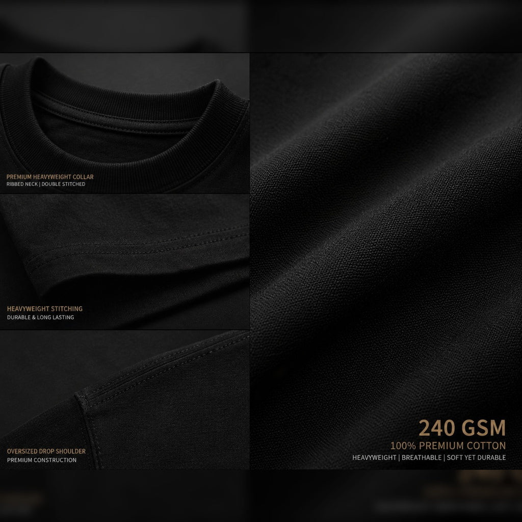 Close-up of black fabric with text on weight and material details.