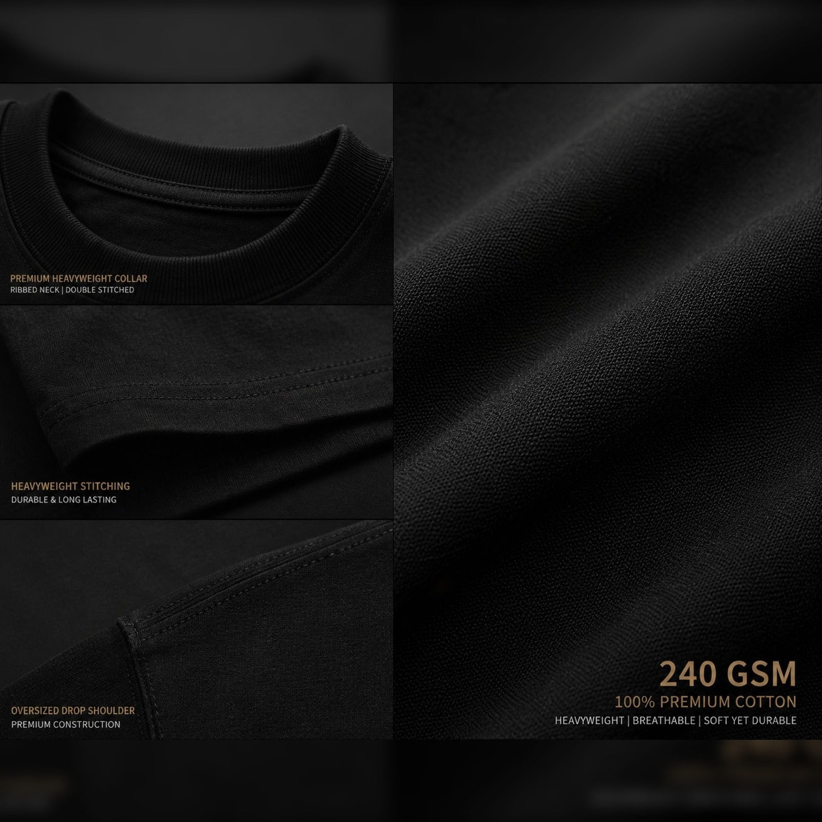 Close-up of black fabric with text on weight and material details.
