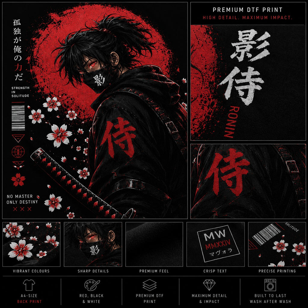 Rogue samurai with katana against a red sun, surrounded by cherry blossoms, with product details on the right.