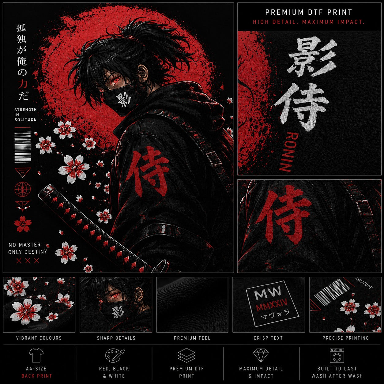 Rogue samurai with katana against a red sun, surrounded by cherry blossoms, with product details on the right.