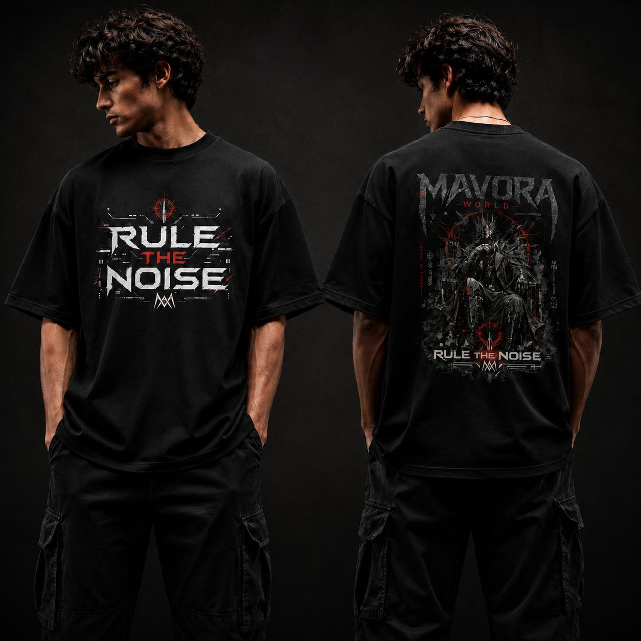 Person wearing a black t-shirt with 'Rule the Noise' design on a dark background