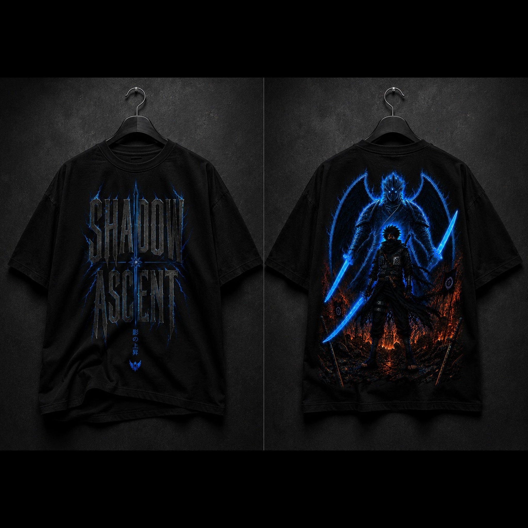 Black t-shirt with 'Shadow Ascent' design on a dark background