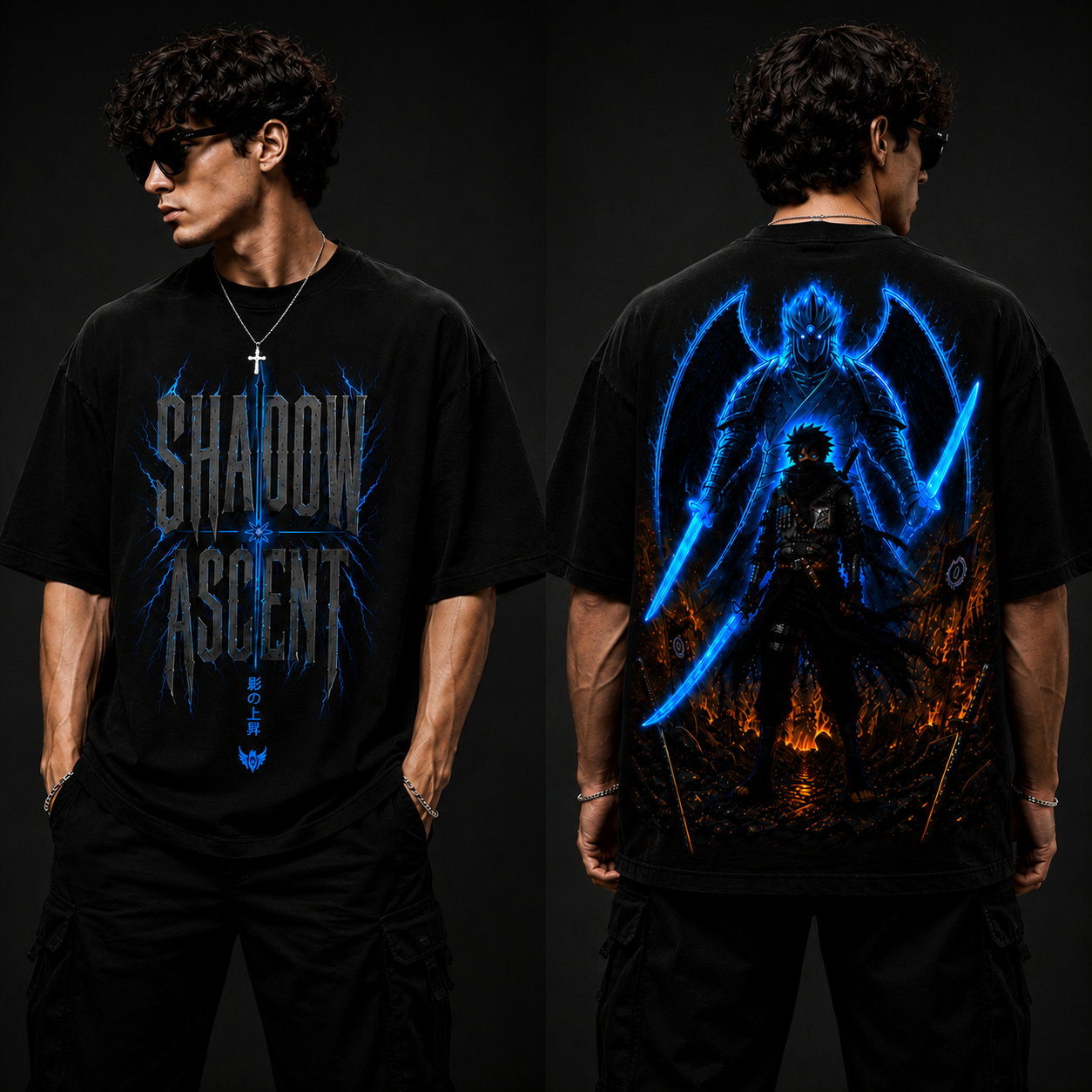 Person wearing a black t-shirt with 'Shadow Ascent' design on front and back against a dark background