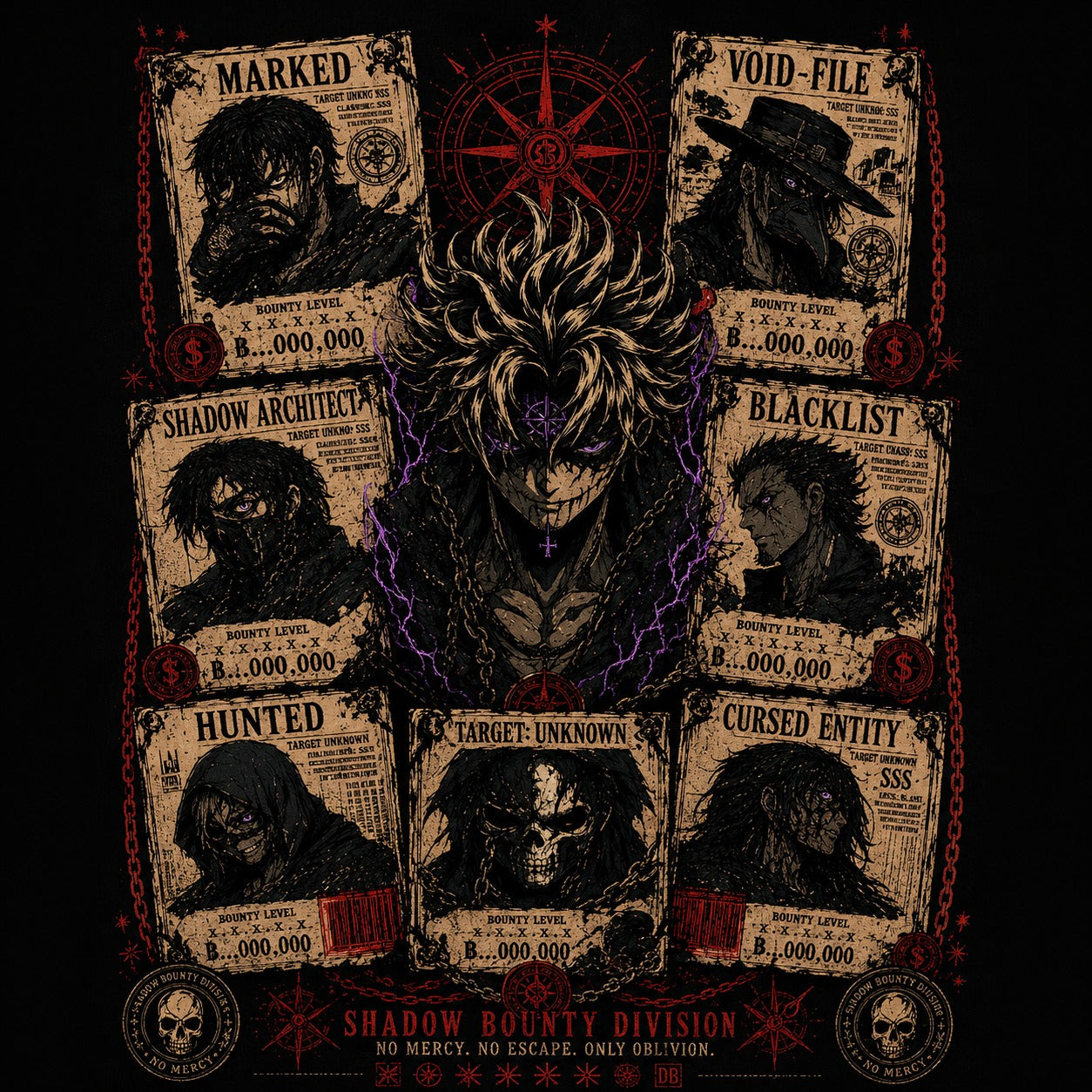 Dark-themed design with a central figure surrounded by ' bounty hunter' posters on a black background.