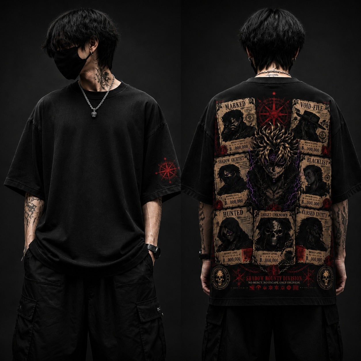 Person wearing a black t-shirt with intricate designs on the front and back against a dark background