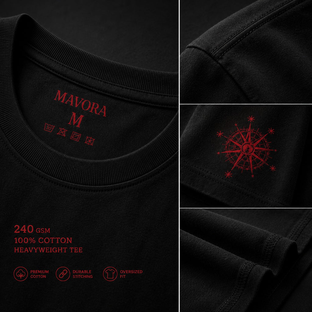 Black t-shirt with red text and graphics on a dark background