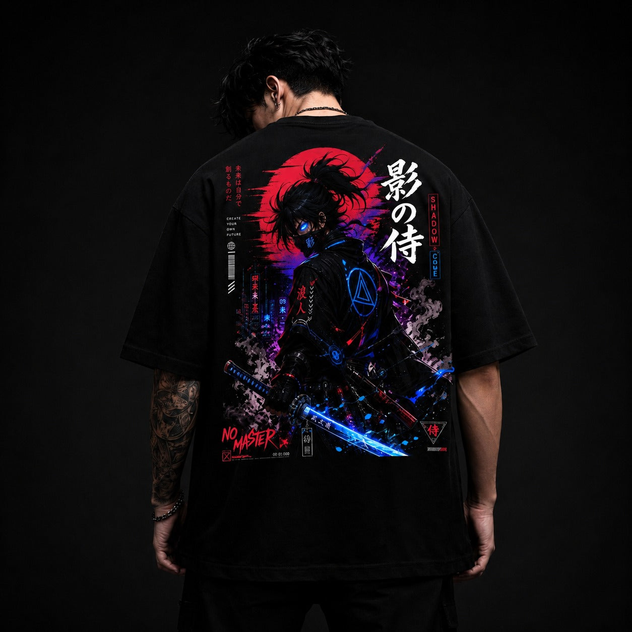 Person wearing a black t-shirt with a colorful graphic design on the back against a dark background
